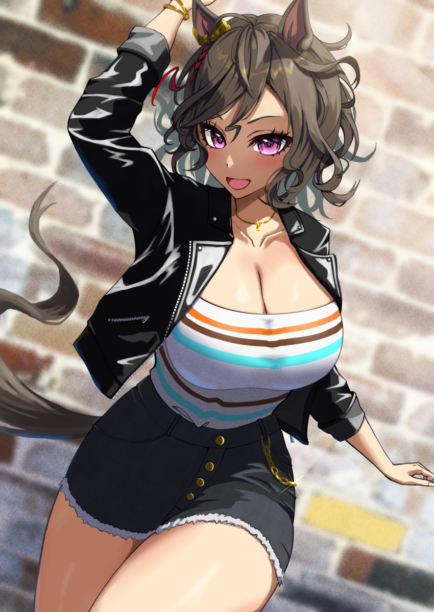 1girl :d absurdres animal_ears arm_up azuki_(azuki_azukki) black_jacket black_shorts breasts cleavage commentary_request cowboy_shot cutoffs grey_hair highres horse_ears jacket large_breasts long_sleeves looking_at_viewer open_mouth purple_eyes shirt short_hair short_shorts shorts smile solo standing striped striped_shirt tap_dance_city_(umamusume) thighs umamusume