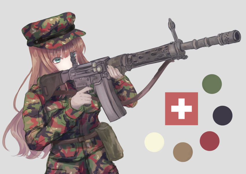 1girl absurdres aiming aqua_eyes barrel_shroud battle_rifle belt belt_pouch bipod blunt_bangs brown_hair camouflage camouflage_jacket camouflage_pants circle color_guide commentary commission cowboy_shot cross english_commentary fatigues finger_on_trigger flip-up_sight girls'_frontline gloves greek_cross green_belt grey_background grey_gloves gun hat highres holding holding_gun holding_weapon jacket long_hair long_sleeves looking_ahead martinreaction military_hat military_jacket military_uniform multicolored_clothes multicolored_headwear multicolored_jacket pants patrol_cap pocket pouch rifle sig-510_(girls'_frontline) sig_510 simple_background sling solo swiss_flag switzerland uniform utility_belt wavy_hair weapon woodland_camouflage