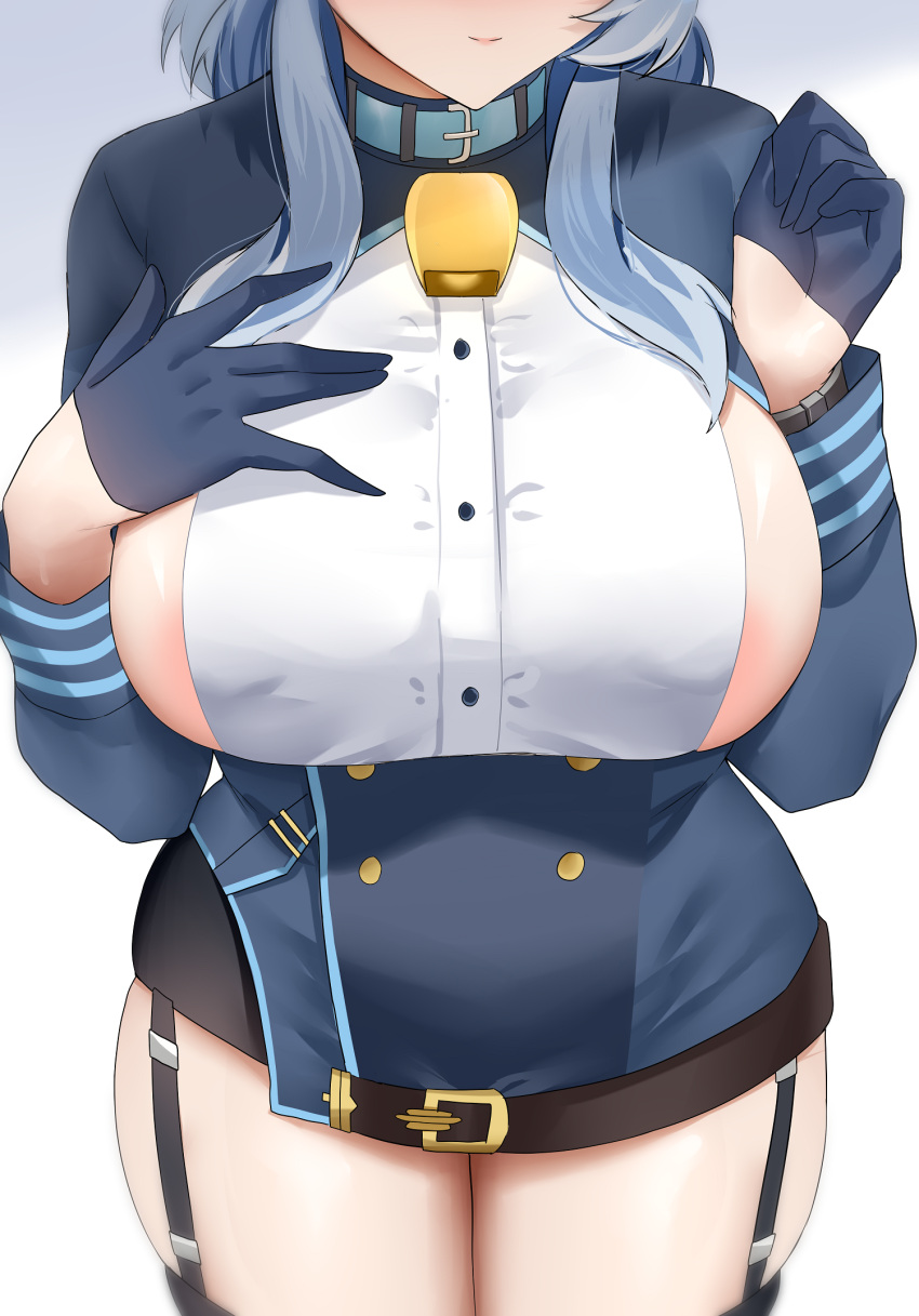 1girl ako_(blue_archive) areola_slip arind_yudha bell blue_archive blue_hair blush breasts center_opening cowbell gloves highres large_breasts long_sleeves looking_at_viewer solo thighs