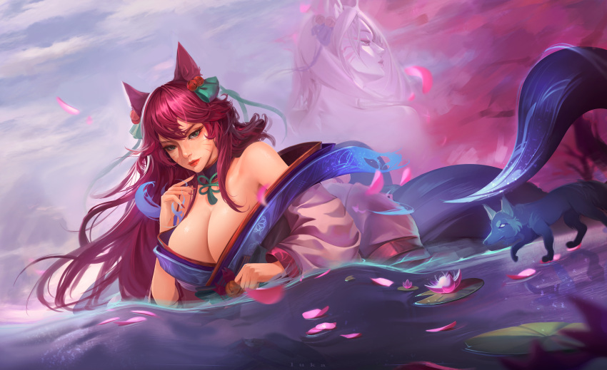 1girl absurdres ahri_(league_of_legends) animal animal_ears bare_shoulders breasts cleavage ear_bell facial_mark flower highres huge_breasts japanese_clothes kimono league_of_legends long_hair lu_ka magic multiple_views outdoors petals pink_flower red_hair shiny_skin spirit_blossom_ahri whisker_markings wolf