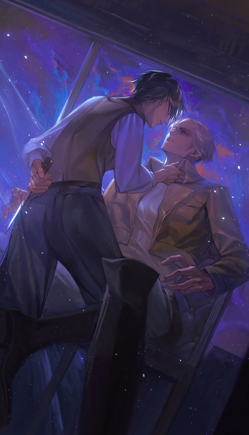 2boys absurdres black_hair blonde_hair boots collar_grab erwin_smith eye_contact feet_out_of_frame from_below highres holding holding_behind_back holding_knife knife l.k_(lk_cyz) levi_(shingeki_no_kyojin) looking_at_another male_focus multiple_boys night night_sky on_chair paradis_military_uniform parted_lips shingeki_no_kyojin shirt_grab short_hair sitting sky thick_eyebrows weapon_behind_back yaoi