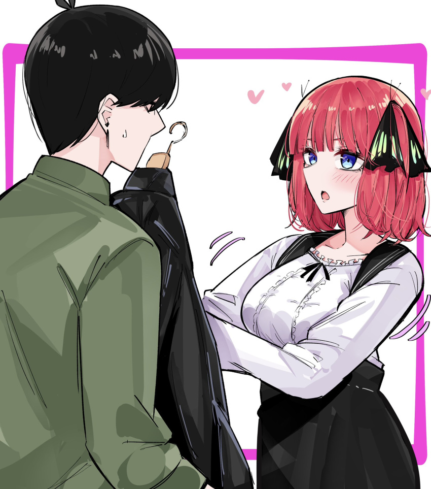 1boy 1girl alternate_costume antenna_hair black_hair black_skirt blue_eyes blunt_bangs blush breasts butterfly_hair_ornament casual center_frills commentary eyebrows_hidden_by_hair eyelashes frills from_side go-toubun_no_hanayome green_jacket hair_ornament hand_up heart hetero high-waist_skirt highres jacket large_breasts long_sleeves looking_at_another mame1645 medium_hair motion_lines nakano_nino open_mouth profile red_hair shirt short_hair simple_background skirt suspender_skirt suspenders sweatdrop trying_on_clothes two_side_up uesugi_fuutarou white_background white_shirt