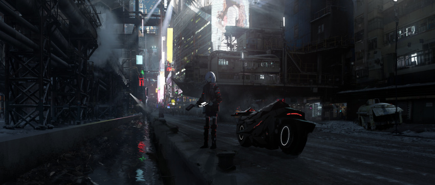 1girl :| absurdres air_conditioner asteroid_ill black_footwear black_jacket black_pants boots building cable canal catwalk_(walkway) city city_lights cityscape closed_mouth cyberpunk facing_to_the_side gun hair_over_one_eye handgun high_collar highres holding holding_gun holding_phone holding_weapon hologram holographic_interface industrial_pipe jacket long_sleeves looking_at_viewer motor_vehicle motorcycle neon_lights neon_trim original outdoors pants phone railing red_eyes road rust scenery science_fiction short_hair snow solo spotlight steam storefront street tibia_(asteroid_ill) trash truck vanishing_point water weapon white_hair wide_shot