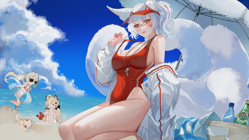 4girls absurdres animal_ear_fluff animal_ears bare_shoulders baywatch beach beach_umbrella bikini blush bottle breasts closed_eyes covered_navel crab drink eating enna_alouette ethyria eyeshadow facial_mark food fox_ears fox_girl fox_tail glasses grey_hair highres holding large_breasts long_hair looking_at_viewer makeup millie_parfait mole mole_under_eye multiple_girls multiple_tails nijisanji nijisanji_en nina_kosaka off_shoulder one-piece_swimsuit outdoors picnic_basket ponytail popsicle red_eyes red_eyeshadow red_one-piece_swimsuit reimu_endou sand_castle sand_sculpture shei99 solo_focus sweater swimsuit tail umbrella virtual_youtuber visor_cap