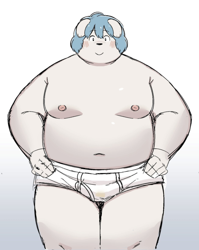 2023 anthro belly big_belly bina_(sv_grart) blue_hair blush canid canine canis clothing domestic_dog hair hi_res kemono male mammal moobs navel nipples overweight overweight_male simple_background solo sv_grart underwear