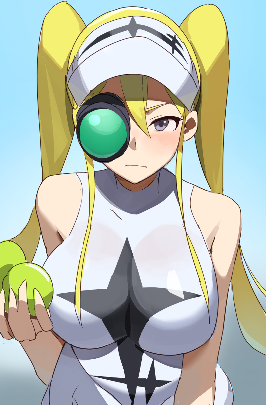 1girl absurdres ball black_eyes blonde_hair breasts hakodate_omiko highres holding kill_la_kill large_breasts long_hair looking_at_viewer scope sleeveless solo sportswear t-lex tennis_ball tennis_uniform twintails visor_cap