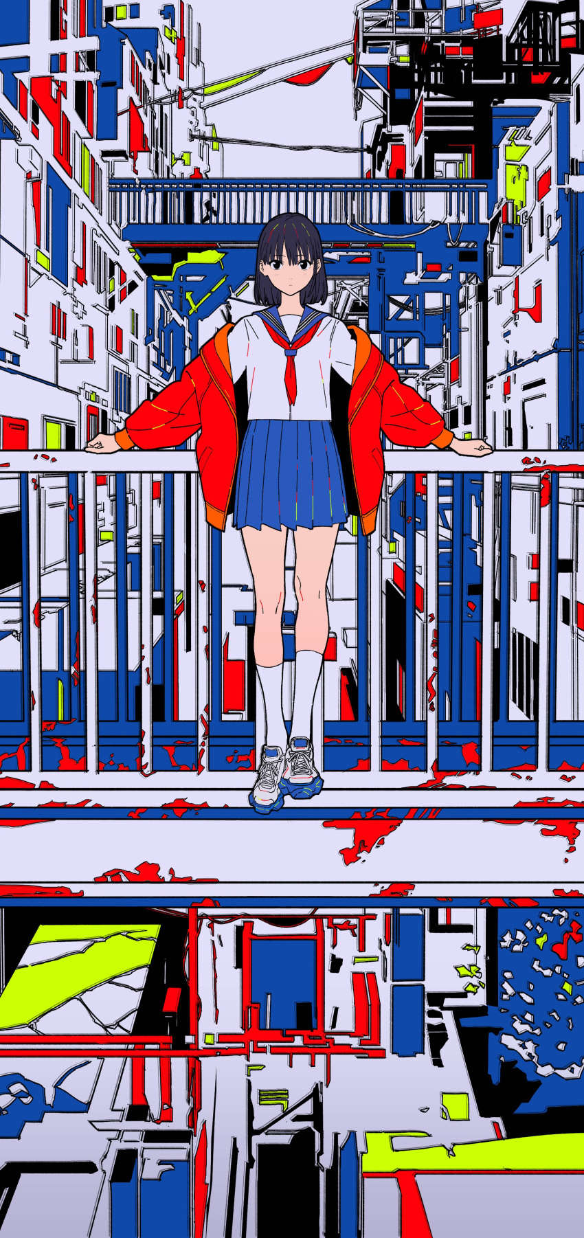 1girl absurdres black_hair blue_skirt color_coordination expressionless full_body hand_on_railing high_contrast highres jacket kneehighs looking_at_viewer neck_ribbon open_clothes open_jacket original outdoors pleated_skirt red_ribbon ribbon sailor_collar school_uniform serafuku shoes short_hair skirt sneakers socks solo standing tarou2 white_socks