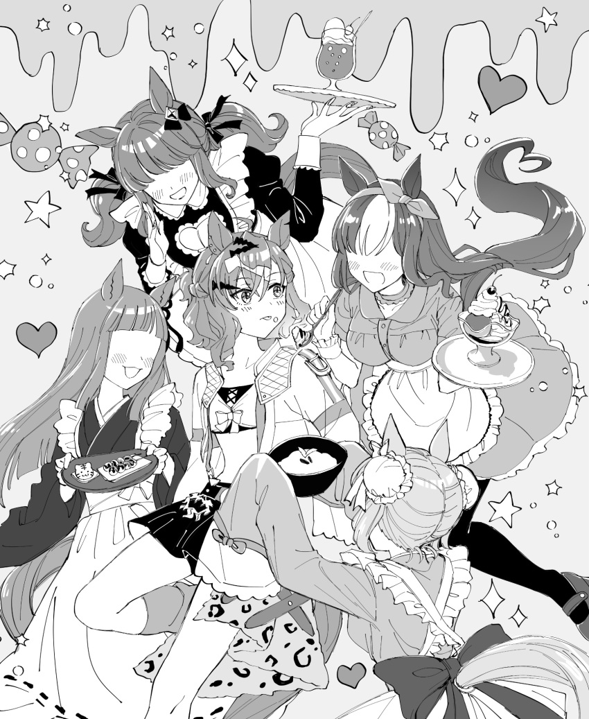 5girls ahoge animal_ears annotation_request apron bandeau blush bow_hairband breasts bun_cover candy cleavage cleavage_cutout clothing_cutout collared_dress cup dango double_bun dress every_whisper_(racehorse) faceless faceless_female feeding flat_chest food food_on_face greyscale hair_bun hairband heart highres holding holding_plate holding_spoon holding_tray horse_ears horse_girl horse_tail ice_cream jacket japanese_clothes jungle_pocket_(umamusume) kimono long_hair looking_at_viewer loose_socks maid maid_apron monochrome multicolored_hair multiple_girls nayuta_ggg notched_ear open_clothes open_jacket open_mouth original personification plate pun short_hair short_sleeves skirt sleeves_past_fingers sleeves_past_wrists small_breasts smile socks sparkle spoon streaked_hair sundae tail tray twintails umamusume wagashi wrist_cuffs