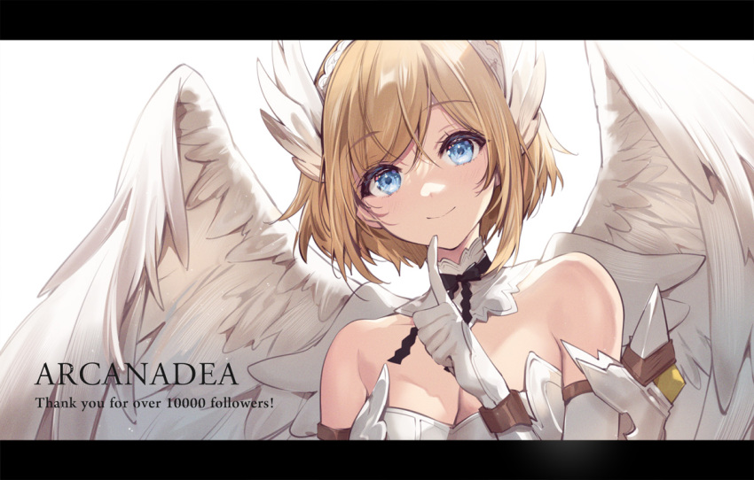 1girl angel_wings arcanadea armpit_crease bare_shoulders black_bow black_bowtie blonde_hair blue_eyes bow bowtie breasts cleavage collar commentary_request crossed_bangs detached_collar dress feathered_wings frilled_collar frills hand_up head_wings headband index_finger_raised kotobukiya looking_at_viewer lumitia milestone_celebration necomi official_art original raised_eyebrow short_hair smile solo swept_bangs upper_body white_background white_collar white_dress white_headband white_wings wings