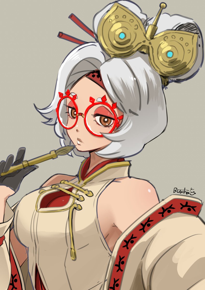 1girl bare_shoulders breasts butcha-u cleavage eyeshadow eyewear_on_head glasses hair_ornament hair_stick highres large_breasts looking_at_viewer makeup pen purah red-framed_eyewear red_eyes sheikah short_hair simple_background solo the_legend_of_zelda the_legend_of_zelda:_tears_of_the_kingdom upper_body white_hair