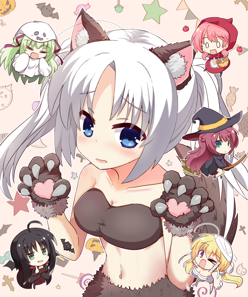 &gt;_o 6+girls =_= ahoge animal_ears animal_hands apple arms_up bandaged_chest bat_(animal) black_hair black_headwear blonde_hair blush breasts brown_fur candy chibi cleavage collarbone commentary_request cosplay cross fake_animal_ears fake_tail fang food fruit ghost_costume ghost_pose gloves green_eyes green_hair hair_between_eyes hair_ribbon hakutocake half_updo halloween halloween_costume happy hat heart highres hitachi_mako index_finger_raised kurama_koharu large_breasts lena_liechtenauer little_red_riding_hood_(grimm) little_red_riding_hood_(grimm)_(cosplay) long_hair looking_at_another looking_at_viewer low_twintails maniwa_roka multiple_girls mummy_costume murasame_(senren) navel nervous_smile o_o one_eye_closed open_mouth parted_bangs parted_lips paw_gloves paw_pose pink_background pink_hair pumpkin purple_eyes purple_hair purple_ribbon red_skirt ribbon senren_banka short_hair_with_long_locks shy simple_background skirt slit_pupils smile smug solo_focus star_(symbol) stomach sweatdrop tail tomotake_yoshino twintails vampire_costume very_long_hair white_hair witch witch_hat wolf_ears wolf_tail