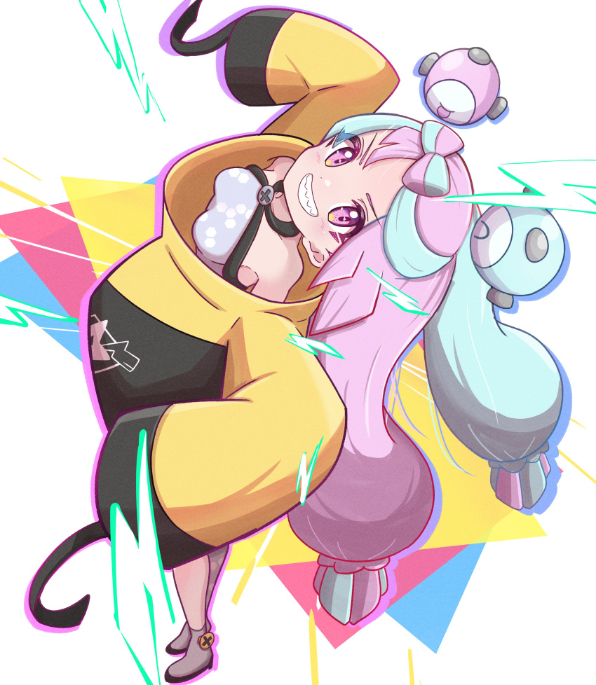1girl absurdres bow-shaped_hair character_hair_ornament grey_hair grin hair_ornament hexagon_print highres iono_(pokemon) jacket long_hair looking_at_viewer low-tied_long_hair magnemite multicolored_hair oversized_clothes pink_eyes pink_hair pokemon pokemon_(game) pokemon_sv rono_(lethys) sharp_teeth shirt sleeveless sleeveless_shirt sleeves_past_fingers sleeves_past_wrists smile solo split-color_hair teeth two-tone_hair very_long_sleeves x yellow_jacket