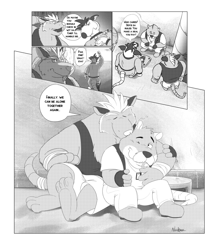 2023 3_toes absurd_res anthro bottomwear brok_the_investigator clothing comic cricetid dart_(brok_the_investigator) duo embrace eyes_closed feet hi_res hug kemono kins_(brok_the_investigator) kissing male male/male mammal murid murine muskrat nookdae one_eye_closed pants rat rodent shirt shorts sitting toes topwear tramp_(brok_the_investigator)