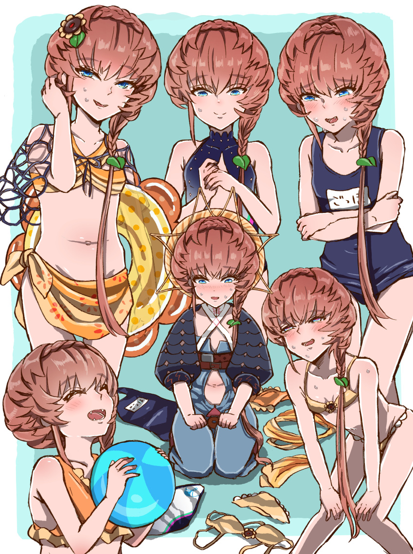 1girl absurdres ball beachball bikini black_sleeves blue_eyes blue_overalls blush braid brown_eyes closed_eyes closed_mouth clothing_cutout competition_swimsuit crown_braid cum cum_on_body cum_on_stomach embarrassed fangs fate/grand_order fate_(series) floral_print flower hair_flower hair_ornament hands_on_own_knees highres holding holding_ball holding_beachball holding_innertube innertube leaning_forward multiple_views navel navel_cutout one-piece_swimsuit open_mouth orange_headwear overalls puffy_sleeves sarong shimogamo_(shimomo_12) side_braid sitting solo striped striped_headwear sunflower sunflower_hair_ornament sunflower_print sweatdrop swimsuit teeth van_gogh_(fate) van_gogh_(sink_deeper)_(fate) yellow_bikini yellow_innertube yellow_sarong zipper_pull_tab