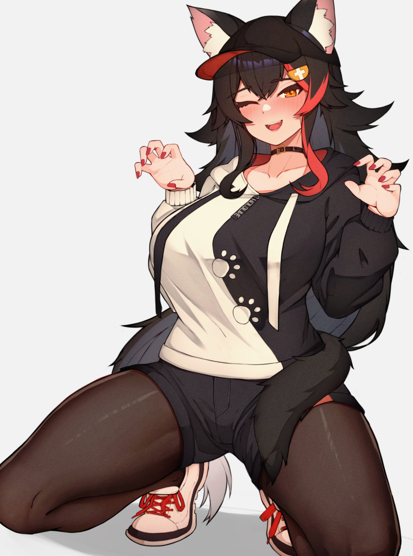 1girl ;d animal_ear_fluff animal_ears baseball_cap black_choker black_hair black_pantyhose black_shorts breasts choker claw_pose ears_through_headwear hair_ornament hairclip hat highres hololive large_breasts long_hair long_sleeves looking_at_viewer multicolored_hair one_eye_closed ookami_mio ookami_mio_(3rd_costume) pantyhose puffy_long_sleeves puffy_sleeves red_hair red_nails shoes short_shorts shorts simple_background smile solo squatting streaked_hair tail two-tone_hoodie varniskarnis very_long_hair virtual_youtuber white_background white_footwear wolf_ears wolf_tail