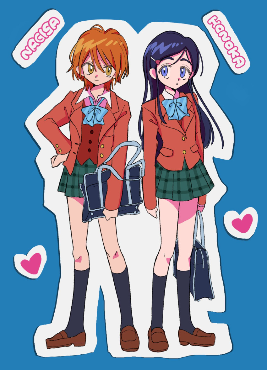 2girls bag blazer blue_bow blue_eyes bow bowtie brown_eyes brown_footwear brown_jacket commentary_request english_text futari_wa_precure heart highres holding holding_bag jacket magical_girl melon_hamburg_bentou misumi_nagisa multiple_girls orange_hair plaid plaid_skirt precure school_uniform simple_background skirt striped striped_bow striped_bowtie verone_gakuin_school_uniform yukishiro_honoka