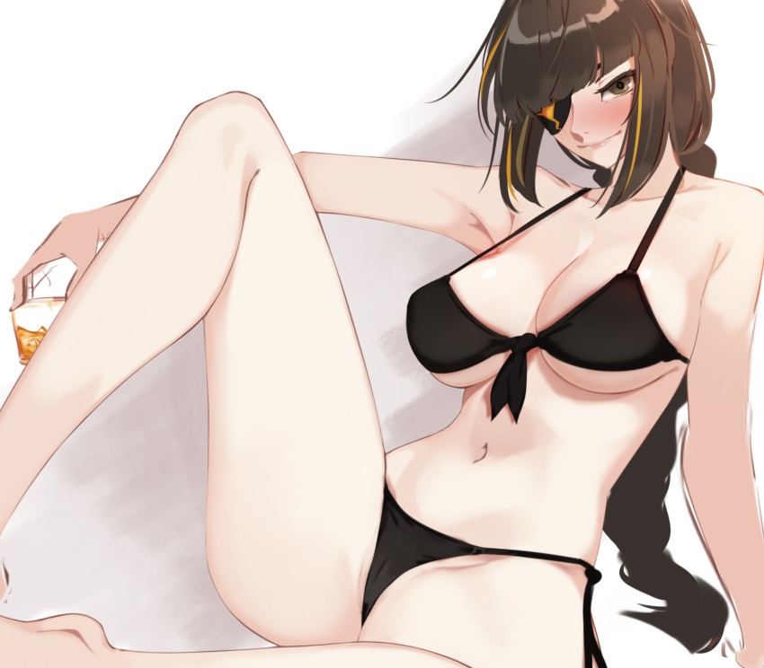 1girl alcohol bare_shoulders bikini black_bikini blush braid breasts brown_eyes brown_hair cameltoe cleavage commentary_request cup eyepatch feet_out_of_frame girls'_frontline highres holding holding_cup large_breasts leg_up legs long_hair looking_at_viewer m16a1_(girls'_frontline) navel ohc. sidelocks simple_background smile solo spread_legs swimsuit very_long_hair whiskey white_background