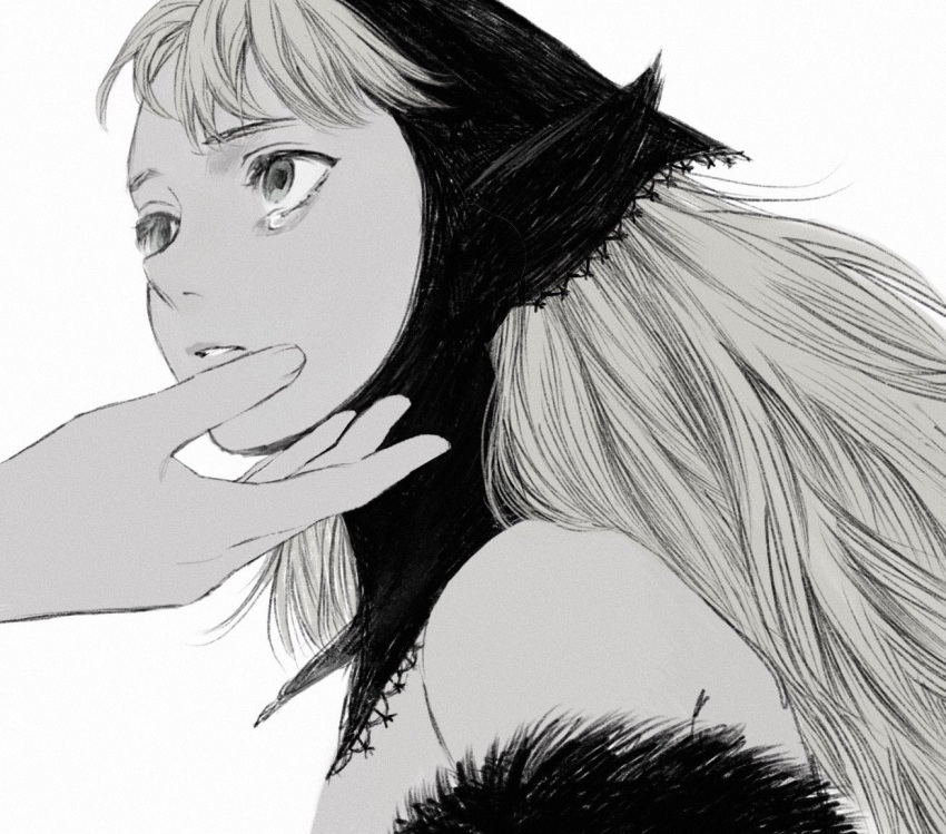 1girl bare_shoulders detached_hood dungeon_meshi ear_covers elf from_side frs2 fur_trim greyscale hood lace_trim long_hair looking_at_another looking_away marcille monochrome out_of_frame parted_lips pointy_ears portrait reaching simple_background solo_focus spoilers tears