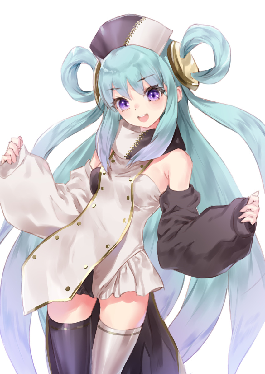 1girl :d absurdres aqua_hair asymmetrical_clothes cropped_legs detached_sleeves dress hair_ornament hair_rings headdress highres kishida_mel long_hair looking_at_viewer multicolored_clothes multicolored_dress original purple_eyes purple_thighhighs smile standing tanding thighhighs twintails very_long_hair waist_cape white_background white_thighhighs