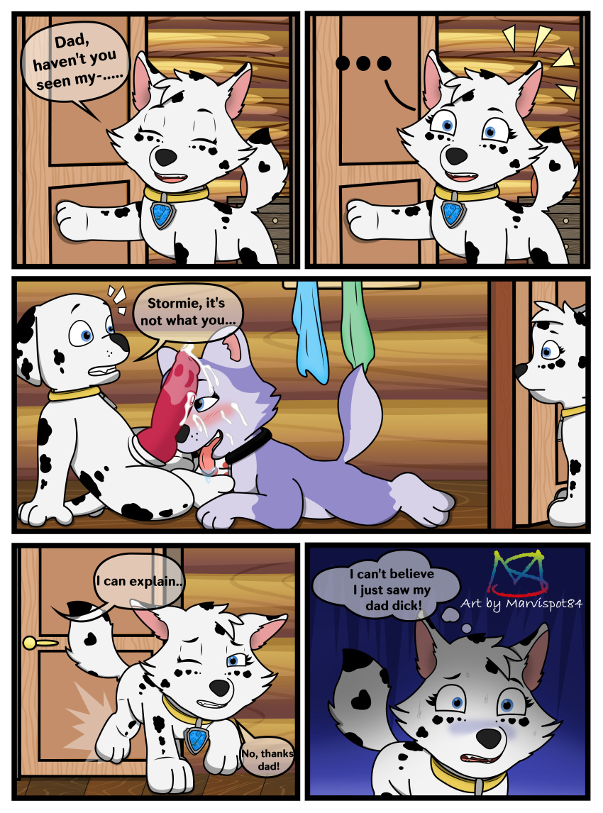 absurd_res animal_genitalia animal_penis balls blue_eyes blush bodily_fluids canid canine canine_genitalia canine_penis canis collar comic cum cum_on_face dalmatian daughter domestic_dog door_slam embarrassed english_text enjoying_view everest_(paw_patrol) fan_character fellatio female feral fur genital_fluids genitals group hi_res husky inside licking male male/female mammal marshall_(paw_patrol) marvispot84 nickelodeon nordic_sled_dog oral paw_patrol penile penis penis_lick sex spitz spots spotted_body spotted_fur stormie_(marvispot84) surprise_sex surprised_expression text tongue tongue_out trio