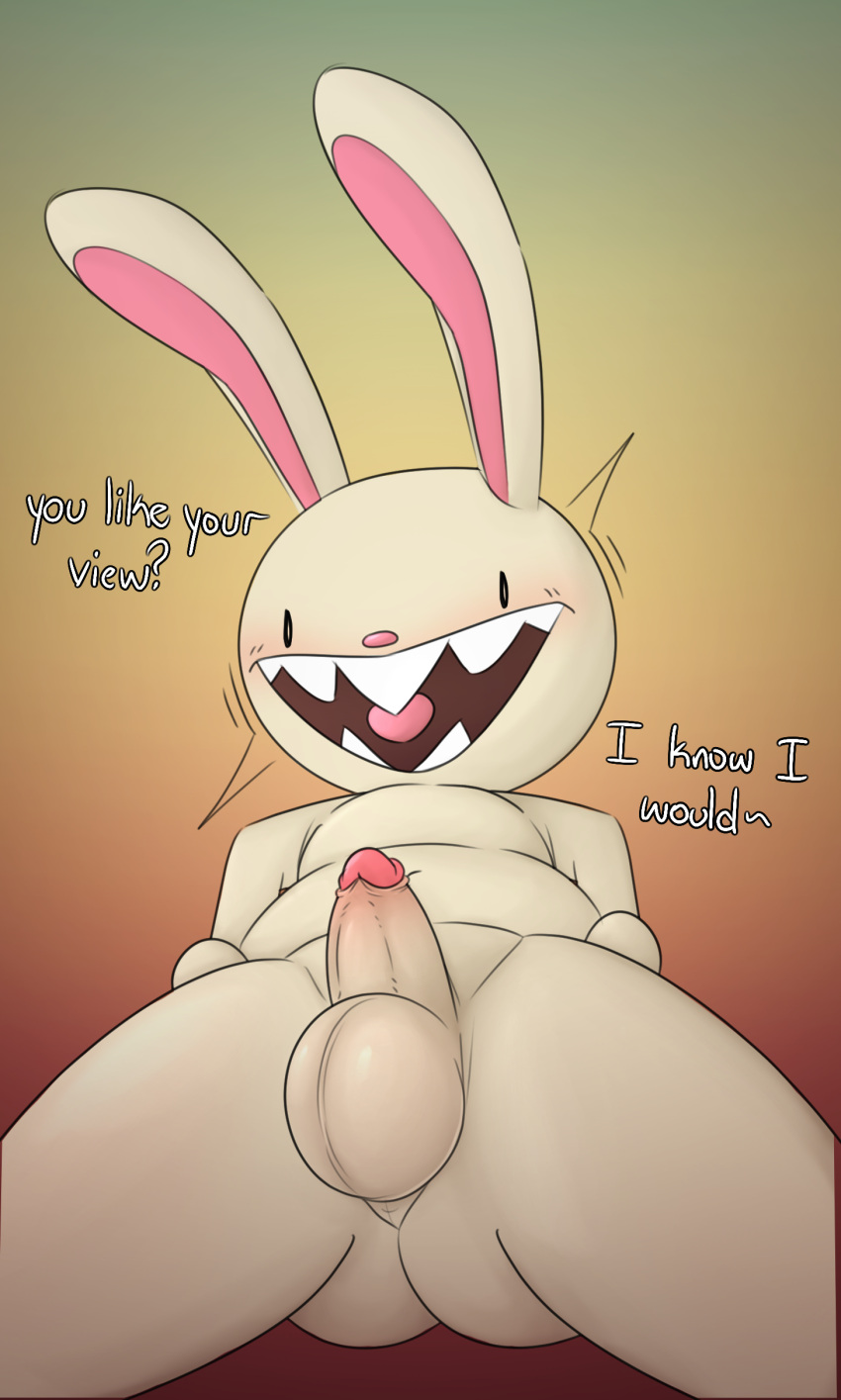 absurd_res anthro balls blush butt chunknudies dialogue digital_media_(artwork) english_text erection fur genitals hi_res humanoid_genitalia humanoid_penis lagomorph leporid looking_at_viewer low-angle_view male mammal max_(sam_and_max) nude open_mouth penis rabbit sam_and_max simple_background smile solo teeth text white_body white_fur worm's-eye_view