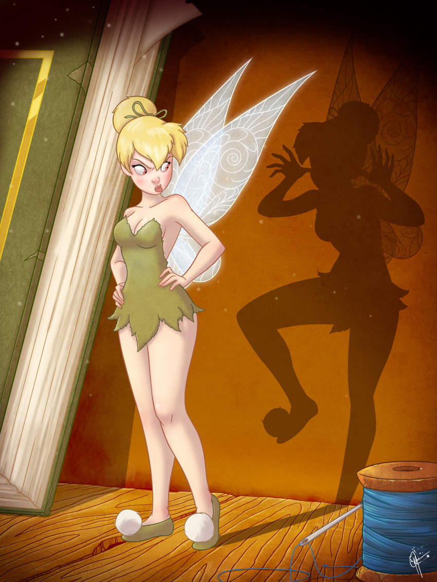 1girl absurdres bare_shoulders blonde_hair book breasts cleavage commentary different_shadow dress english_commentary fairy_wings full_body green_dress hair_bun hands_on_own_hips highres jeftoon01 medium_breasts mini_person minigirl needle peter_pan_(disney) pout sewing_needle short_dress signature single_hair_bun solo spool strapless strapless_dress thread tinker_bell_(disney) wings