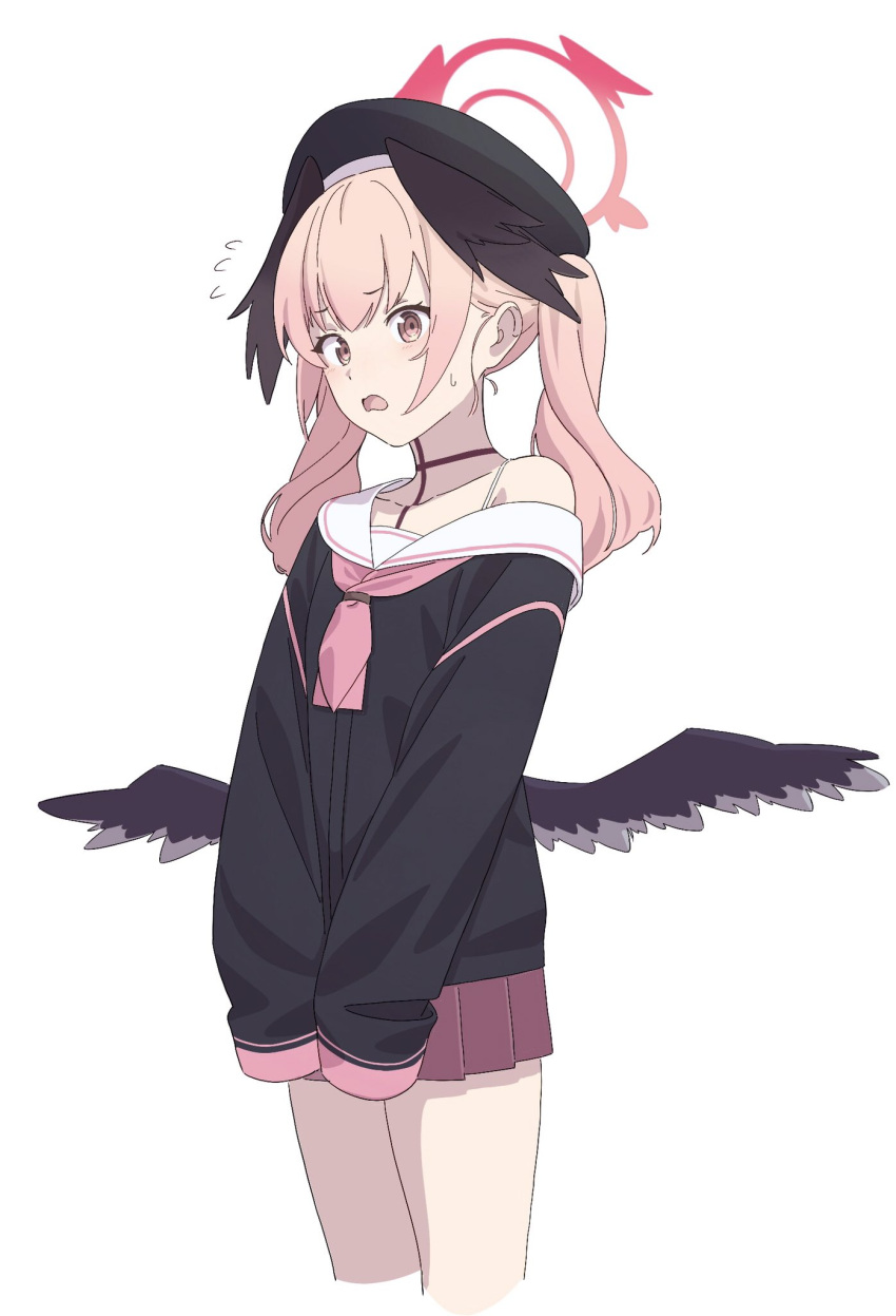 1girl black_headwear black_shirt blue_archive choppy_bangs cropped_legs feathered_wings halo head_wings highres koharu_(blue_archive) long_hair looking_at_viewer off_shoulder open_mouth pink_eyes pink_hair pink_skirt school_uniform shirt sidelocks skirt sleeves_past_fingers sleeves_past_wrists standing sweatdrop twintails ult_one wavy_mouth white_background wings