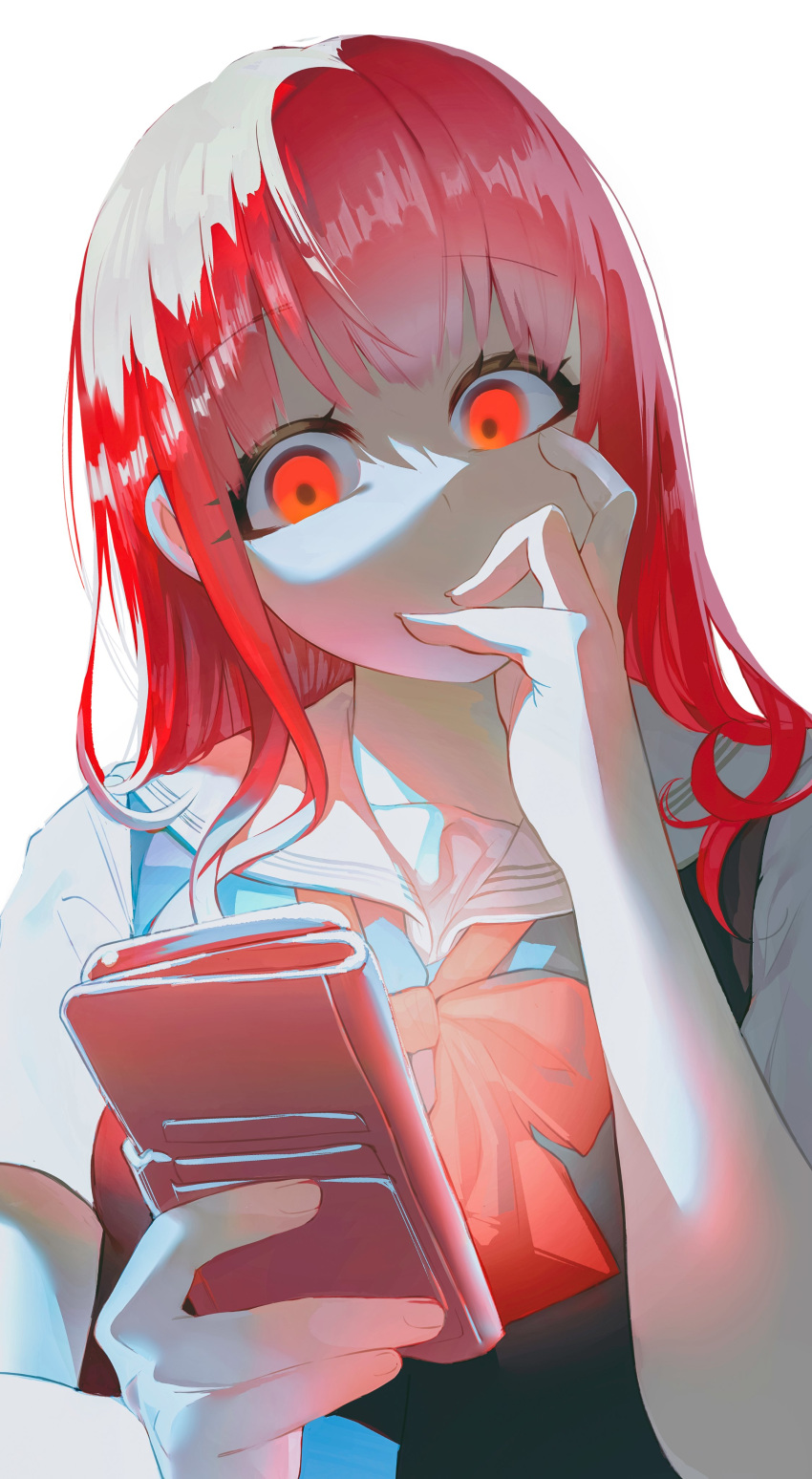 1girl absurdres breasts cellphone commentary highres holding holding_phone kanai_kanae kimi_ni_aisarete_itakatta phone red_eyes red_hair school_uniform shaded_face shiori_(moechin) small_breasts smartphone smartphone_case solo upper_body