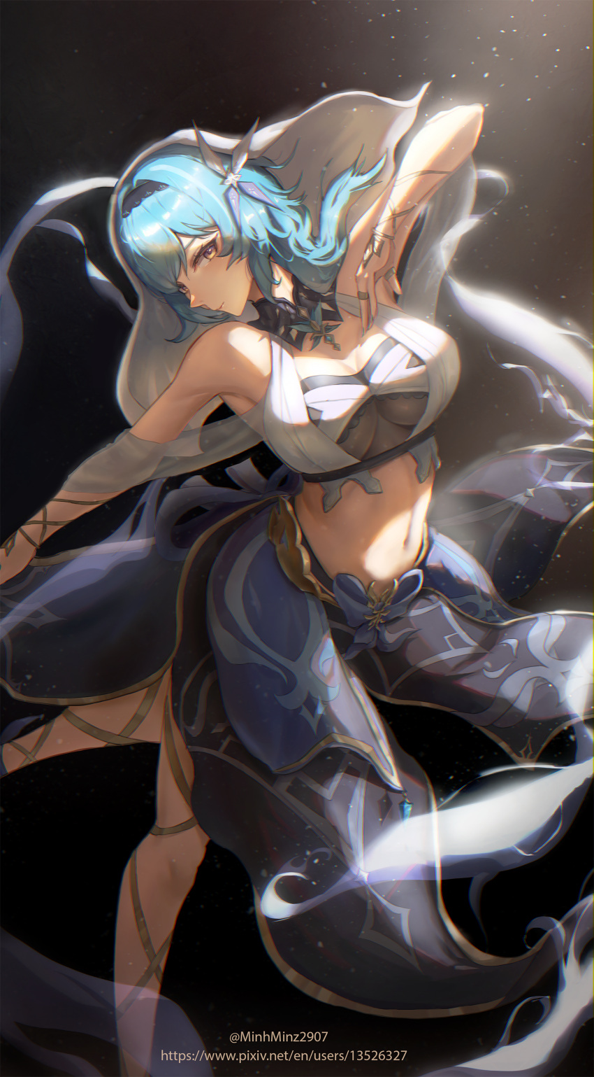 1girl absurdres alternate_costume arm_up armpits bare_shoulders bikini black_background black_hairband blue_hair blue_skirt breasts chest_harness clothing_cutout crop_top dancer dancing dark_background detached_collar eula_(genshin_impact) facing_to_the_side feet_out_of_frame full_body genshin_impact gladiator_sandals hair_between_eyes hair_ornament hairband harem_outfit harness highres jewelry large_breasts leg_up light_rays looking_at_viewer medium_hair midriff minz_(minh_nguyen) multiple_rings navel parted_bangs ring sandals see-through_cutout sidelocks skirt solo stomach sunbeam sunlight swimsuit twitter_username underboob_cutout web_address white_bikini white_veil