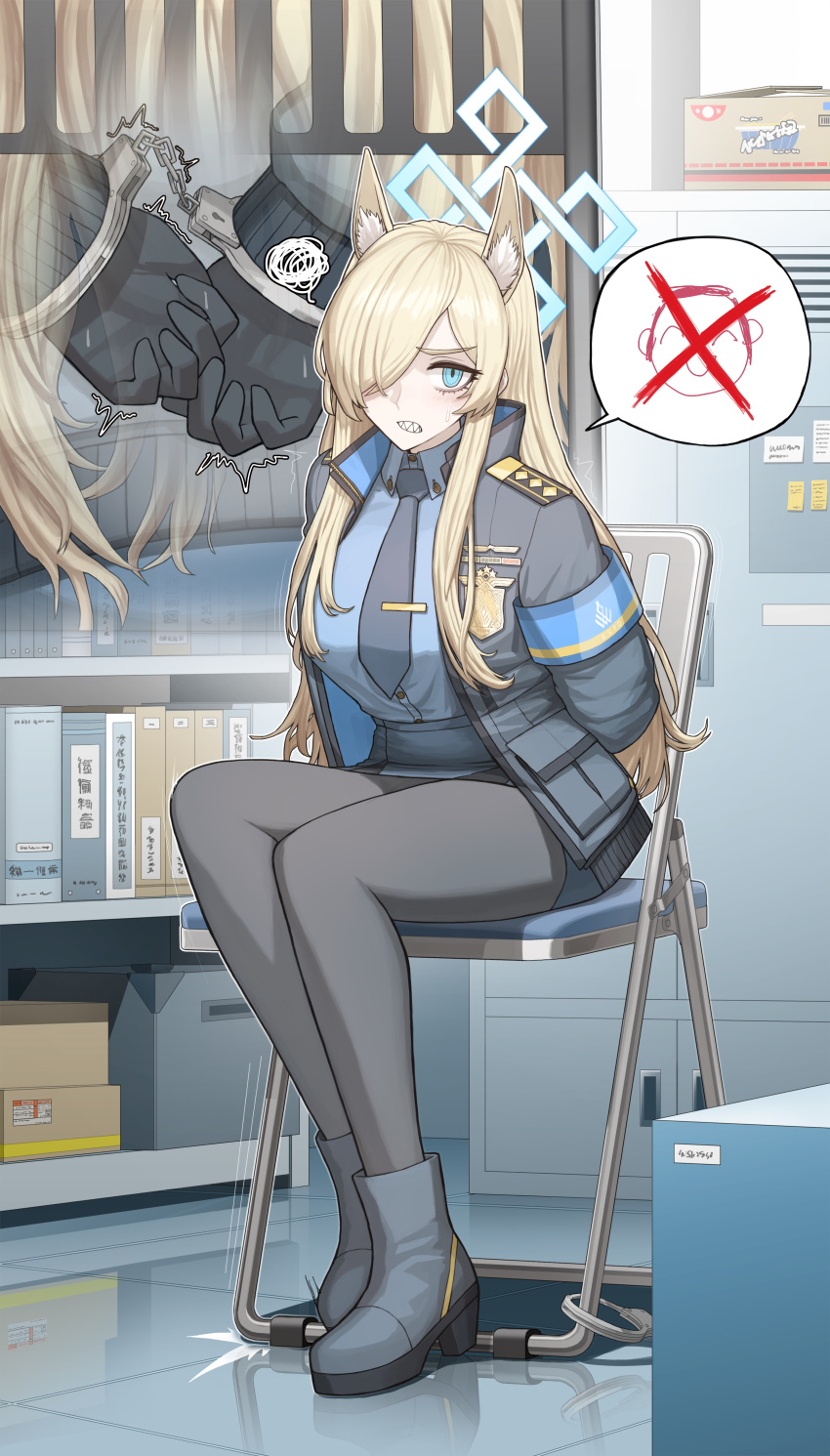 1girl absurdres animal_ear_fluff animal_ears ankle_boots arona's_sensei_doodle_(blue_archive) black_jacket black_pantyhose black_skirt blonde_hair blue_archive blue_armband blue_eyes blue_necktie blue_shirt boots bound breasts broken_handcuffs cameo chair cheogtanbyeong collared_shirt commentary cuffs dog_ears dog_girl extra_ears folding_chair grey_footwear hair_over_one_eye halo handcuffs highres indoors jacket kanna_(blue_archive) large_breasts long_bangs long_hair long_sleeves looking_at_viewer necktie pantyhose pencil_skirt police police_uniform policewoman restrained sensei_(blue_archive) sharp_teeth shirt sidelocks sitting skirt solo spoken_character teeth tied_up_(nonsexual) uniform white_shirt