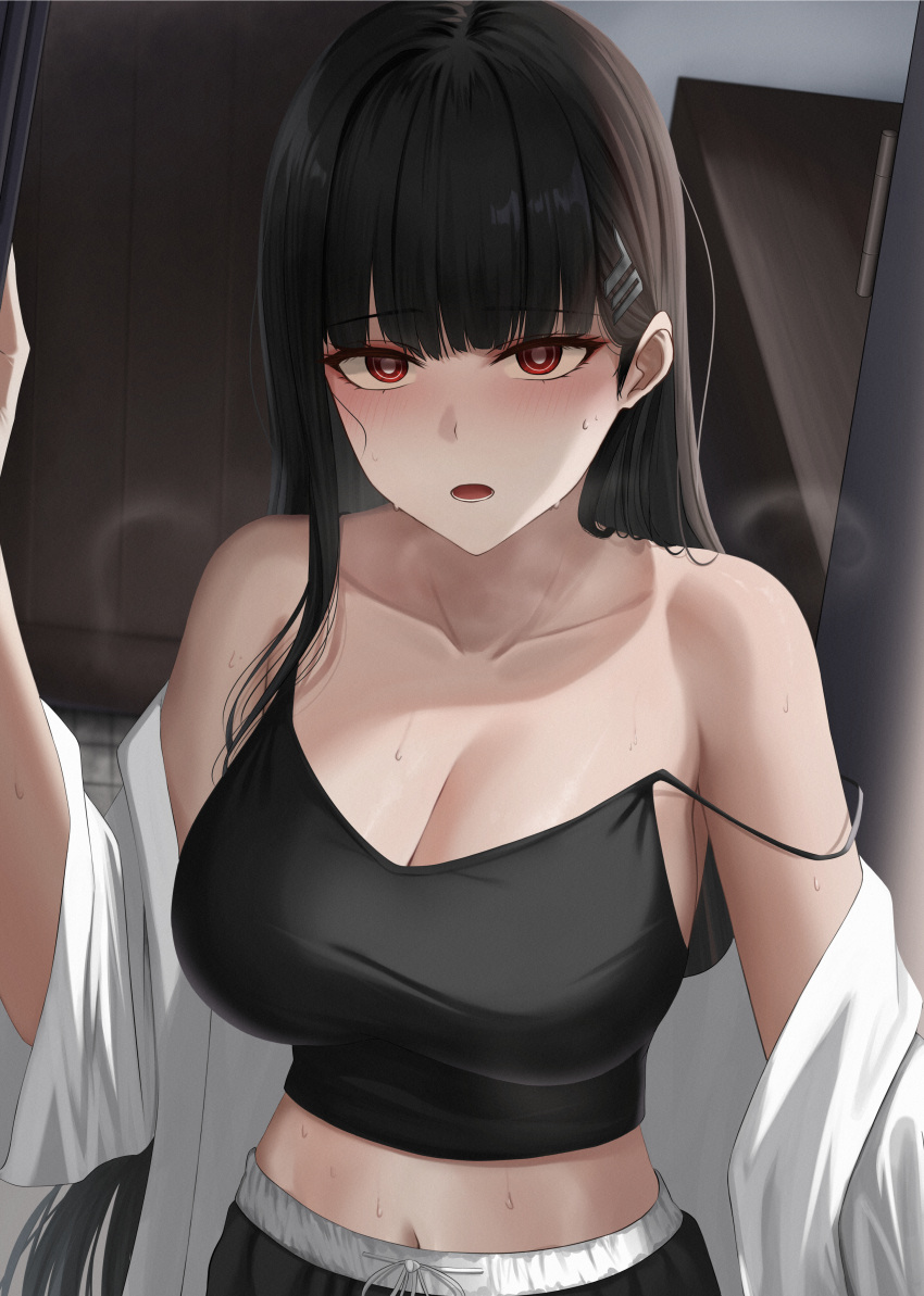 1girl absurdres alternate_costume black_camisole black_hair black_shorts blue_archive blunt_bangs blurry blurry_background breasts bright_pupils camisole cleavage collarbone commentary_request hair_ornament hairclip highres indoors large_breasts long_hair looking_at_viewer midriff navel off_shoulder open_clothes open_mouth open_shirt pov_doorway red_eyes rio_(blue_archive) shirt shorts solo strap_slip sweat textless_version very_long_hair white_shirt yamikyon