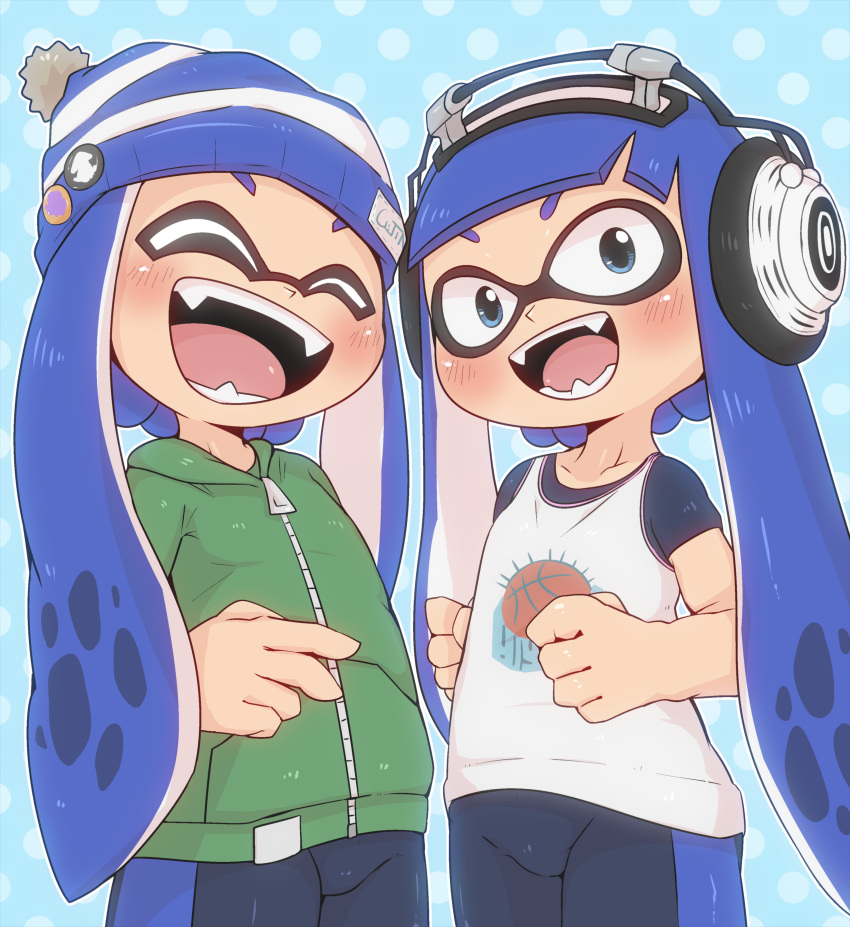 2girls absurdres badge beanie bike_shorts black_undershirt blue_background blue_eyes blue_headwear blush button_badge clenched_hands closed_eyes collarbone doneru green_hoodie hat headphones highres hood hood_down hoodie inkling inkling_girl laughing long_hair multiple_girls open_mouth polka_dot polka_dot_background sharp_teeth skirt splatoon_(series) tank_top teeth tentacle_hair white_skirt zipper