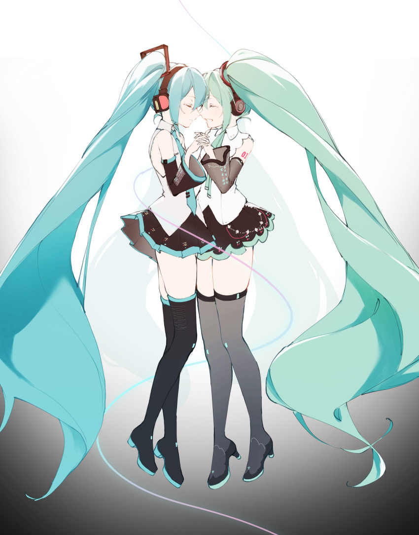 2girls absurdly_long_hair absurdres aqua_eyes aqua_hair aqua_necktie aqua_ribbon bare_shoulders black_background black_skirt black_sleeves black_thighhighs boots closed_eyes commentary detached_sleeves drawing_kanon dual_persona expressionless forehead-to-forehead from_side full_body gradient_background grey_shirt grin hair_ornament hatsune_miku hatsune_miku_(nt) headphones heads_together headset high_heels highres holding_hands layered_sleeves long_hair midair miniskirt multiple_girls neck_ribbon necktie piapro pleated_skirt ribbon see-through see-through_sleeves shirt shoulder_tattoo skindentation skirt sleeveless sleeveless_shirt smile spiral tattoo thigh_boots thighhighs twintails very_long_hair vocaloid white_background white_shirt white_sleeves zettai_ryouiki