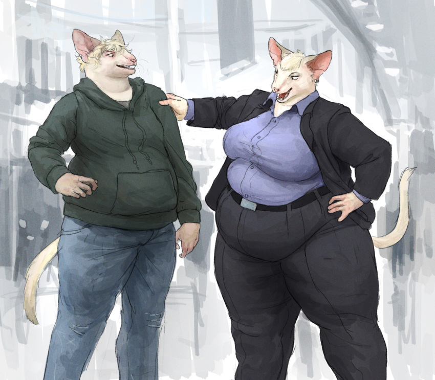 2021 anthro belly belt big_belly big_breasts blonde_hair blurred_background bottomwear breasts business_attire business_suit cettus clothed clothing denim denim_clothing domestic_cat dress_shirt duo felid feline felis female fully_clothed fur hair hairless hairless_cat hakon_brandvold hand_on_hip hand_on_shoulder hi_res hoodie jacket jeans male mammal obese obese_anthro obese_female open_mouth outside overweight overweight_anthro overweight_female overweight_male pants peterbald shirt short_hair sibling sigfrid_brandvold smile standing suit topwear white_body white_fur