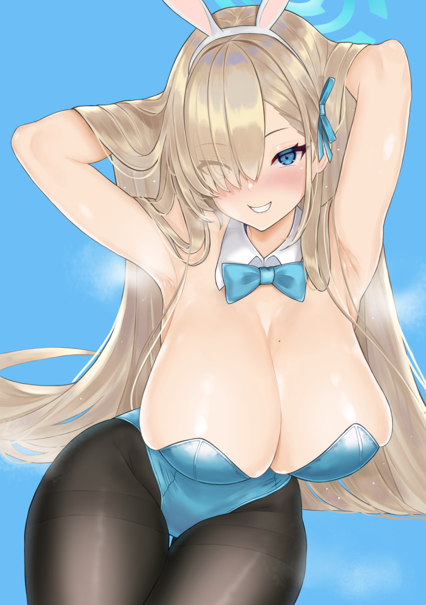 1girl animal_ears armpits arms_behind_head asuna_(blue_archive) asuna_(bunny)_(blue_archive) bangs blue_archive blue_background blue_eyes blue_leotard breasts colored_eyelashes cowboy_shot detached_collar fake_animal_ears grin hair_over_one_eye hair_ribbon highres large_breasts leotard light_brown_hair long_bangs looking_at_viewer mole mole_on_breast pantyhose playboy_bunny rabbit_ears ribbon shiny_skin simple_background smile standing steaming_body thighband_pantyhose wennananyan