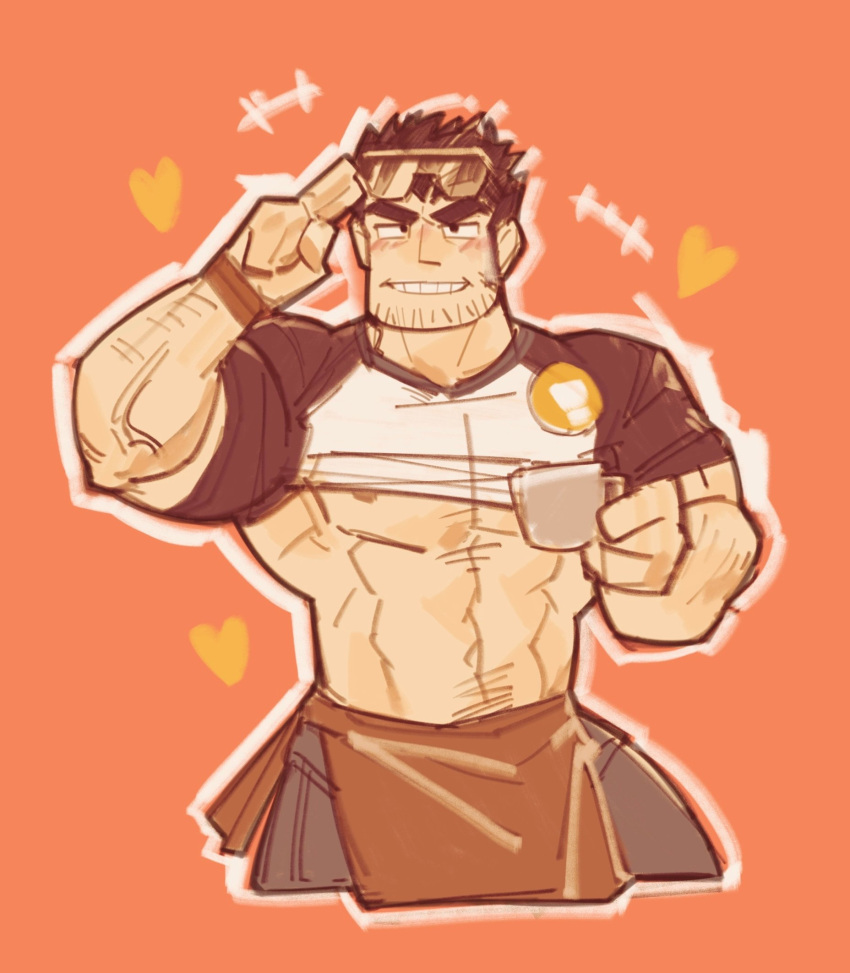 1boy apron bara barista beard_stubble black_hair clothes_lift coffee_cup cropped_legs cup currycat24 disposable_cup employee_uniform grin highres huge_eyebrows large_pectorals laughing loving_aura lucas_lee male_focus muscular muscular_male orange_background pectorals salute scott_pilgrim_takes_off shirt shirt_lift short_hair short_sleeves smile solo sparse_arm_hair sunglasses t-shirt tight_clothes tight_shirt two-finger_salute underpec uniform waist_apron