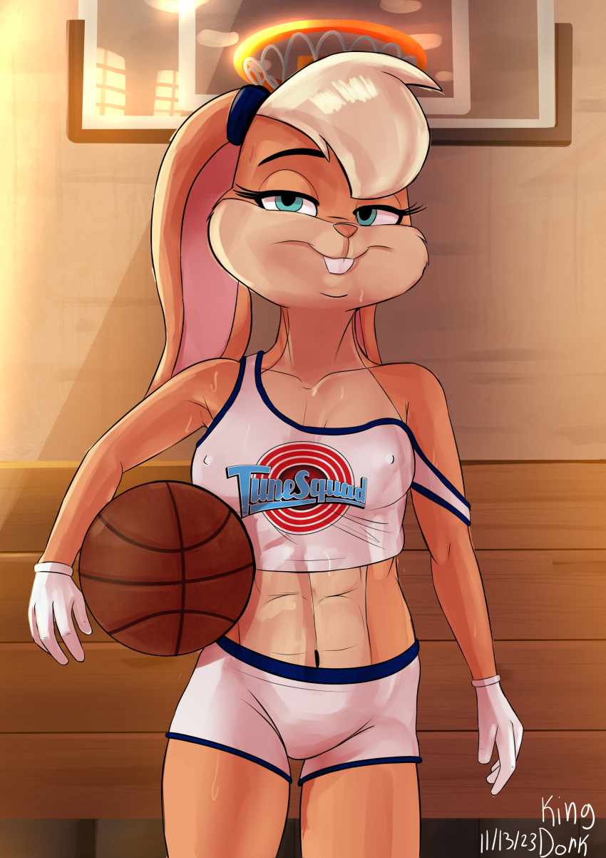2023 5_fingers abs absurd_res anthro athletic athletic_anthro athletic_female ball basketball_(ball) basketball_court basketball_uniform blonde_hair bodily_fluids bottomwear breasts buckteeth clothed clothing dated female fingers fur gloves hair handwear hi_res humanoid_hands kingdorkster lagomorph leporid lola_bunny looney_tunes mammal navel nipple_outline off_shoulder rabbit shorts signature smile solo space_jam sportswear sweat tan_body tan_fur teeth uniform warner_brothers