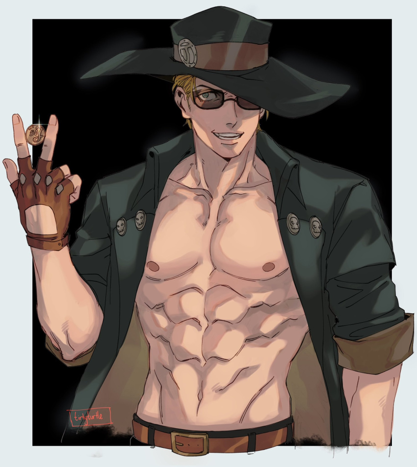 1boy abs bara bare_pectorals belt blonde_hair coin cropped_torso fingerless_gloves gloves grin guilty_gear guilty_gear_strive hat highres holding holding_coin jacket johnny_(guilty_gear) long_hair looking_at_viewer male_focus muscular muscular_male navel open_clothes open_jacket pectorals smile solo stomach sunglasses tirtyturtle