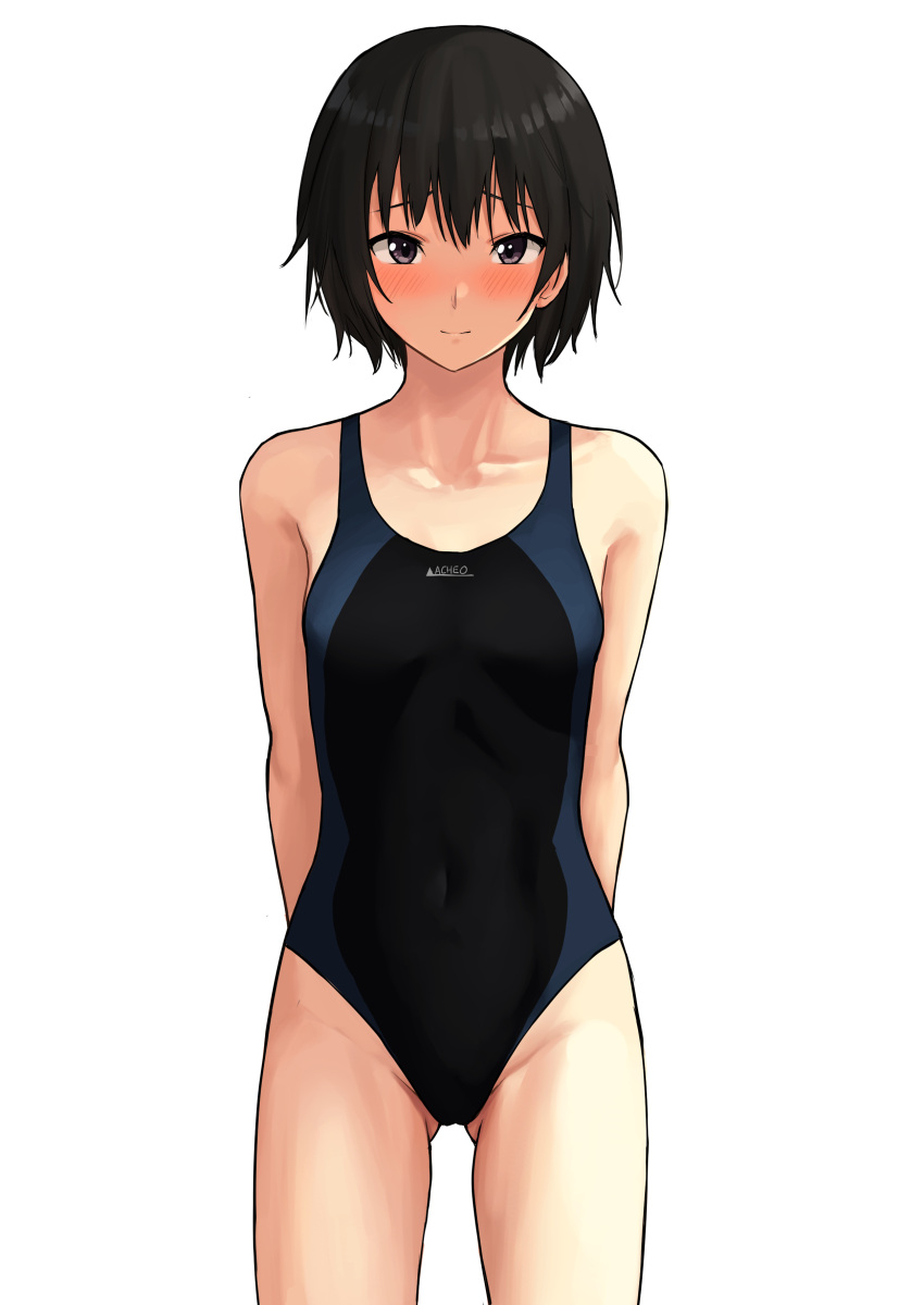 1girl absurdres amagami black_hair black_one-piece_swimsuit blush breasts collarbone competition_swimsuit cowboy_shot highres itsuki_nofuji looking_at_viewer nanasaki_ai one-piece_swimsuit purple_eyes short_hair simple_background small_breasts solo standing swimsuit white_background