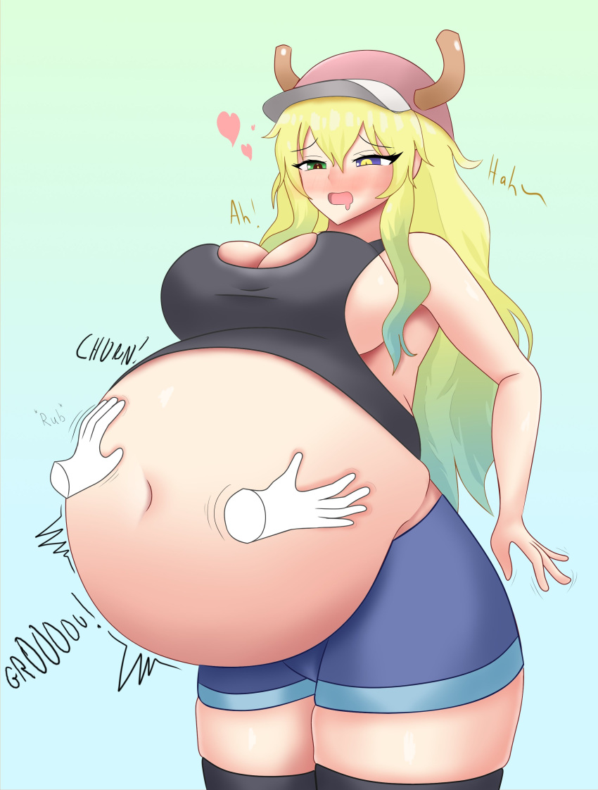 absurd_res ambiguous_gender animal_humanoid belly belly_rub big_belly big_breasts blonde_hair blue_eyes blush breasts breath cleavage clothed clothing dialogue disembodied_hand dragon dragon_humanoid female green_eyes green_hair hair hat headgear headwear heterochromia hi_res horn horned_humanoid huge_breasts huge_thighs humanoid miss_kobayashi's_dragon_maid multicolored_hair panting quetzalcoatl_(dragon_maid) rumbling_stomach side_boob simple_background solo solo_focus sound_effects text thick_thighs zyn5o5