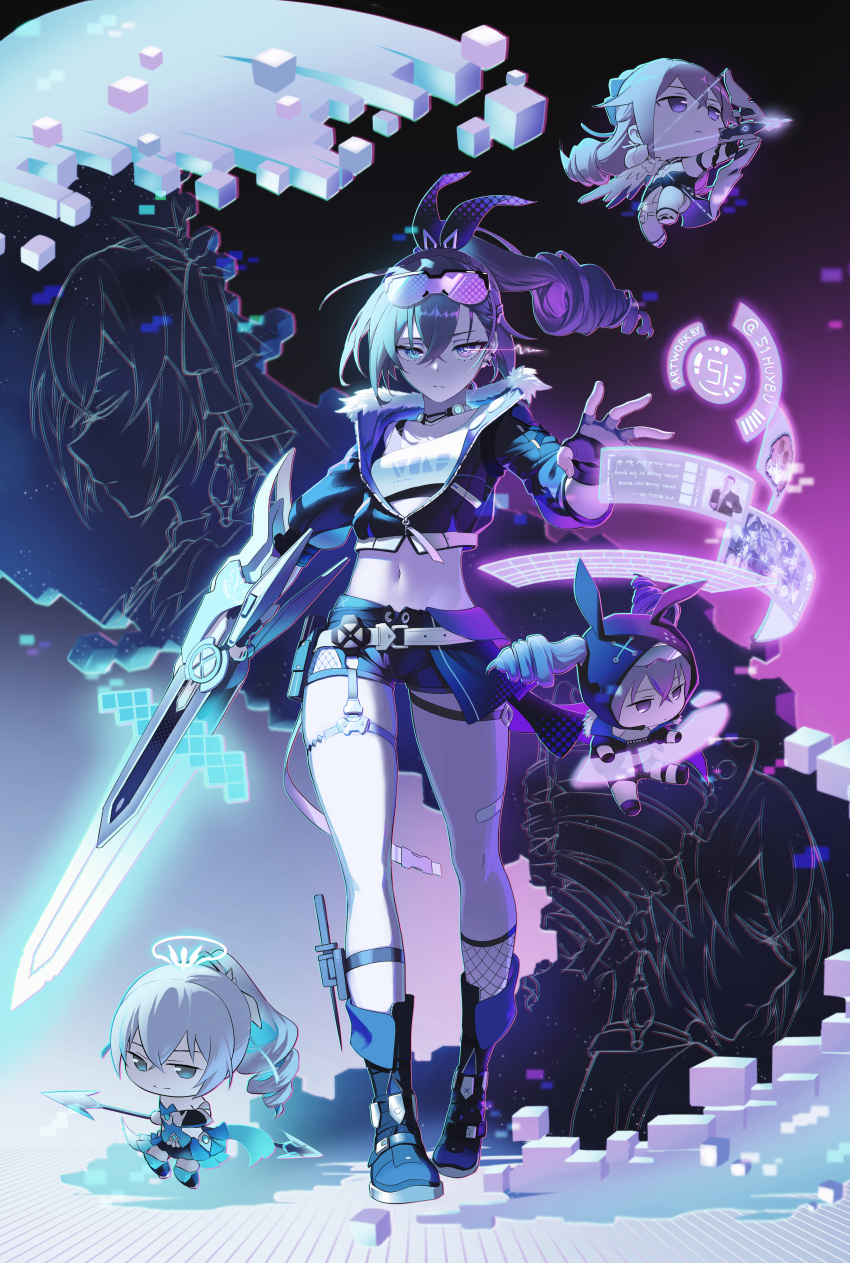 absurdres bronya_zaychik bronya_zaychik_(haxxor_bunny) bronya_zaychik_(herrscher_of_reason) bronya_zaychik_(herrscher_of_truth) bronya_zaychik_(silverwing:_n-ex) crossed_bangs drill_hair drill_ponytail eyewear_on_head fishnet_socks fishnets fur-trimmed_jacket fur_trim goggles goggles_on_head grey_eyes grey_hair highres holographic_interface honkai:_star_rail honkai_(series) honkai_impact_3rd huybu51 jacket kafka_(honkai:_star_rail) md5_mismatch navel never_gonna_give_you_up purple-tinted_eyewear shorts silver_wolf_(honkai:_star_rail) single_drill socks thighs tinted_eyewear twin_drills