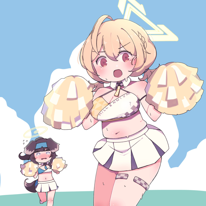 2girls ? ahoge bare_shoulders blonde_hair blue_archive blue_sky blush braid breasts brown_eyes brown_hair brown_tail cheerleader cleavage cloud commentary_request cowboy_shot crop_top day dog_girl hair_between_eyes halo highres holding holding_pom_poms horoyuki_(gumizoku) kotori_(blue_archive) kotori_(cheer_squad)_(blue_archive) large_breasts long_hair looking_at_viewer midriff millennium_cheerleader_outfit_(blue_archive) miniskirt muffin_top multiple_girls navel no_nose open_mouth outdoors pleated_skirt pom_pom_(cheerleading) short_twintails skirt sky sweat tareme thighlet twintails white_skirt wing_collar yellow_halo