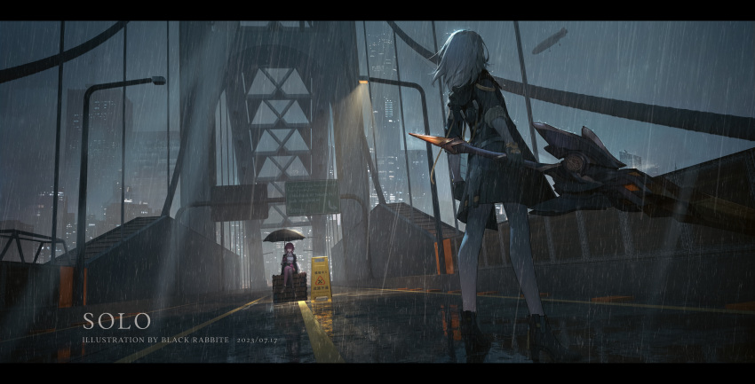 2girls absurdres artist_name black_gloves black_jacket boots breasts bridge building chest_harness city city_lights cityscape collared_shirt crossed_legs dark_skin dated eyewear_on_head from_behind gloves grey_hair hair_between_eyes harness high-waist_shorts high_heels highres holding holding_umbrella holding_weapon honkai:_star_rail honkai_(series) jacket kafka_(honkai:_star_rail) lamppost large_breasts light long_hair long_sleeves looking_at_another medium_hair multiple_girls nfnj3882 night outdoors pantyhose pantyhose_under_shorts purple_eyes purple_gloves purple_hair purple_pantyhose rain round_eyewear shirt short_sleeves shorts sidelocks single_thigh_boot sitting sky standing stelle_(honkai:_star_rail) thigh_boots trailblazer_(honkai:_star_rail) umbrella weapon white_shirt