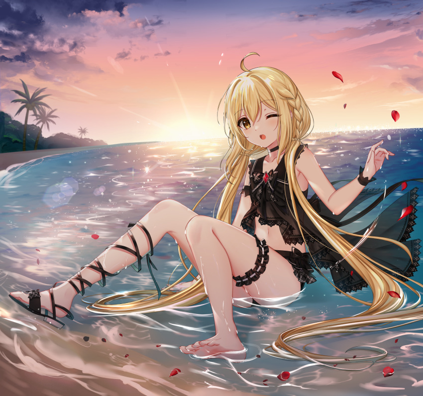 1girl ;o ahoge arm_support babydoll bare_arms bare_legs bare_shoulders barefoot beach bikini bikini_bottom_only black_babydoll black_bikini_bottom black_bow black_bowtie black_choker black_footwear blonde_hair blush bow bowtie braid bridal_garter choker closers cloud coconut_tree collarbone dark_clouds falling_petals feet flat_chest full_body gem hand_up highres lace-trimmed_babydoll lace_trim legs long_hair looking_at_viewer low_twintails lucy_(closers) navel ocean official_art on_ground one_eye_closed orange_sky outdoors palm_tree partially_submerged petals petals_on_liquid red_gemstone rose_petals sand sandals shoes side_braid single_sandal single_shoe sitting sky sleeveless soles solo stomach sun sunset swimsuit toes tree twintails very_long_hair wet wrist_straps yellow_eyes