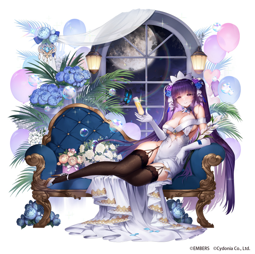 1girl apple_caramel ash_arms b-24_liberator_(ash_arms) balloon bandeau bare_hips bare_shoulders blue_flower blue_rose bouquet breasts bride bubble bug butterfly champagne_flute choker cleavage couch covered_navel crown cup curtains dress drinking_glass elbow_gloves flower full_body full_moon garter_straps gloves gold_trim hair_flower hair_ornament heart_balloon high_heels highres holding holding_cup lace_trim large_breasts legs long_hair lying moon night night_sky no_panties official_art on_couch on_side petals pink_flower pink_rose purple_eyes purple_flower purple_hair purple_rose rainbow rose sky soap_bubbles solo sparkle thighhighs twintails underboob very_long_hair wall_lamp wedding_dress white_flower white_rose window