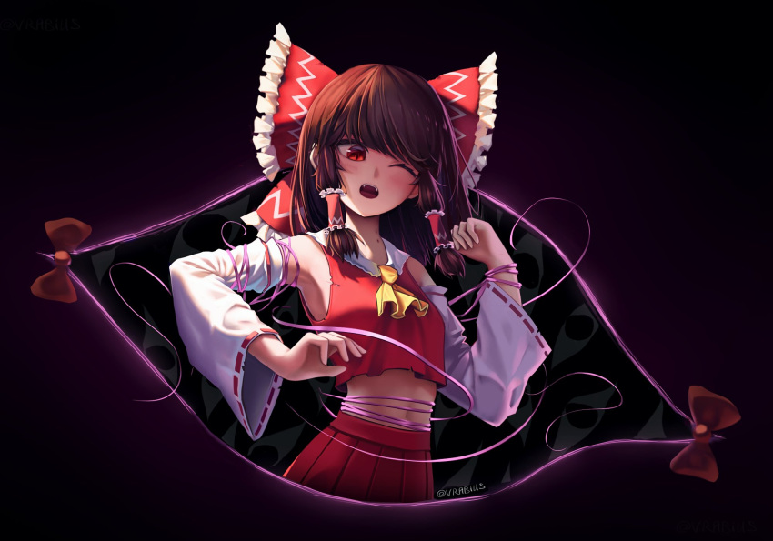 1girl ;o artist_name ascot bite_mark bite_mark_on_neck bound bow brown_hair commentary cowboy_shot detached_sleeves frilled_bow frilled_hair_tubes frills gap_(touhou) hair_tubes hakurei_reimu hand_up highres long_hair looking_at_viewer one_eye_closed open_mouth red_bow red_eyes red_skirt red_vest ribbon-trimmed_sleeves ribbon_trim skirt solo tied_up_(nonsexual) touhou twitter_username vampire vest vrabius white_sleeves wide_sleeves yellow_ascot