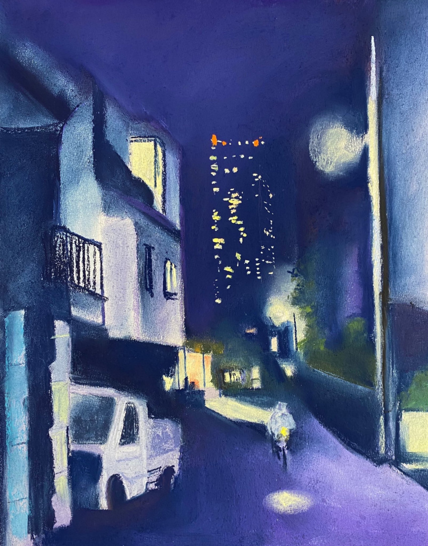 1other apartment bicycle building city highres lamppost motor_vehicle night night_sky original painting_(medium) road sakaue111 shadow sky street traditional_media truck utility_pole watercolor_(medium) window