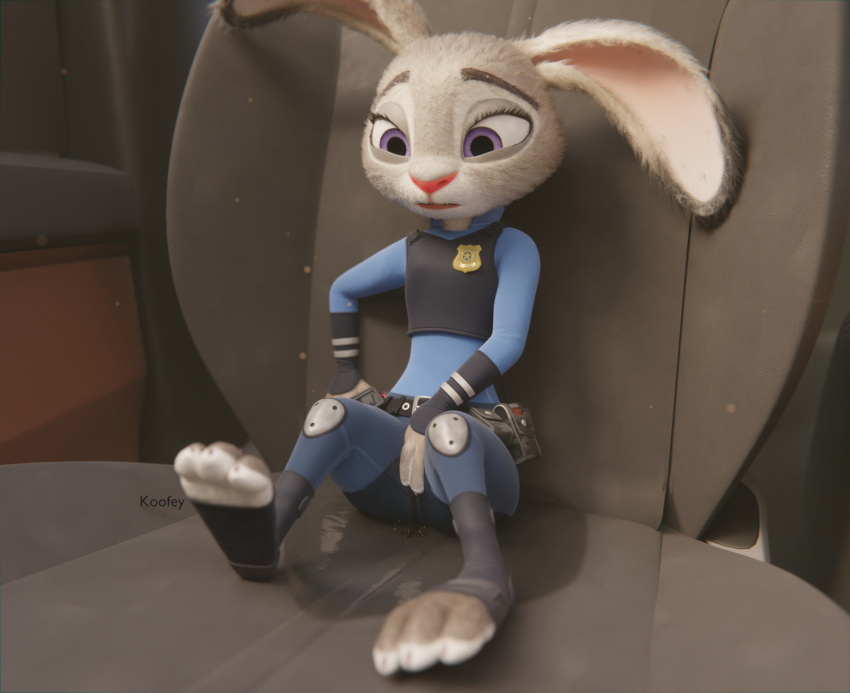 anthro badge blender_(software) bmw bodily_fluids car clothing disney dust embarrassed female genital_fluids hi_res inside_car judy_hopps koofey lagomorph leporid mammal paws peeing police_uniform puddle rabbit solo uniform urine vehicle watermark watersports wetting zootopia