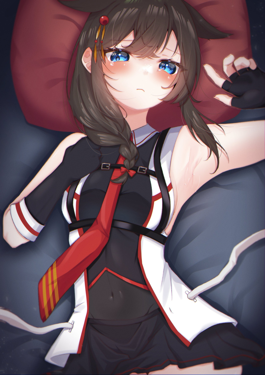 1girl absurdres ahoge black_gloves blue_eyes braid brown_hair chest_harness closed_mouth covered_navel cowboy_shot gloves hair_flaps harness highres kantai_collection kazama_gorou long_hair looking_at_viewer necktie red_necktie shigure_(kancolle) shigure_kai_san_(kancolle) single_braid solo