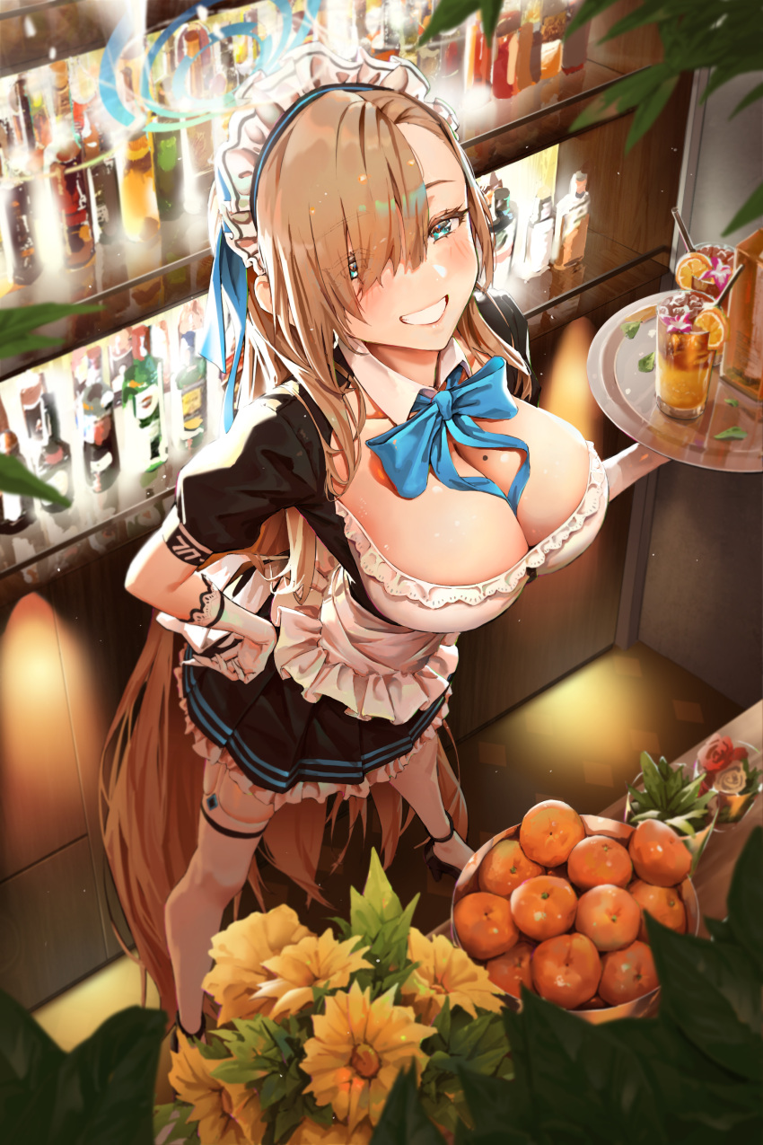 1girl absurdres alcohol apron asuna_(blue_archive) bar_(place) black_dress blue_archive blue_bow blue_eyes blue_ribbon bottle bow breasts cleavage cocktail cocktail_glass cup dress drinking_glass flower food fruit fruit_bowl gloves grin highres holding holding_tray indoors jhigf light_brown_hair long_hair looking_at_viewer maid maid_apron maid_headdress mole mole_on_breast ribbon smile solo teeth thighhighs tray very_long_hair white_gloves white_thighhighs